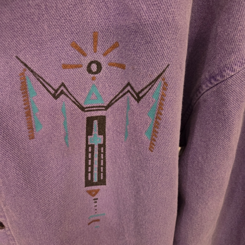 This is a vintage 1990s purple long-sleeved button-up shirt with a southewest De - Picture 2 of 6